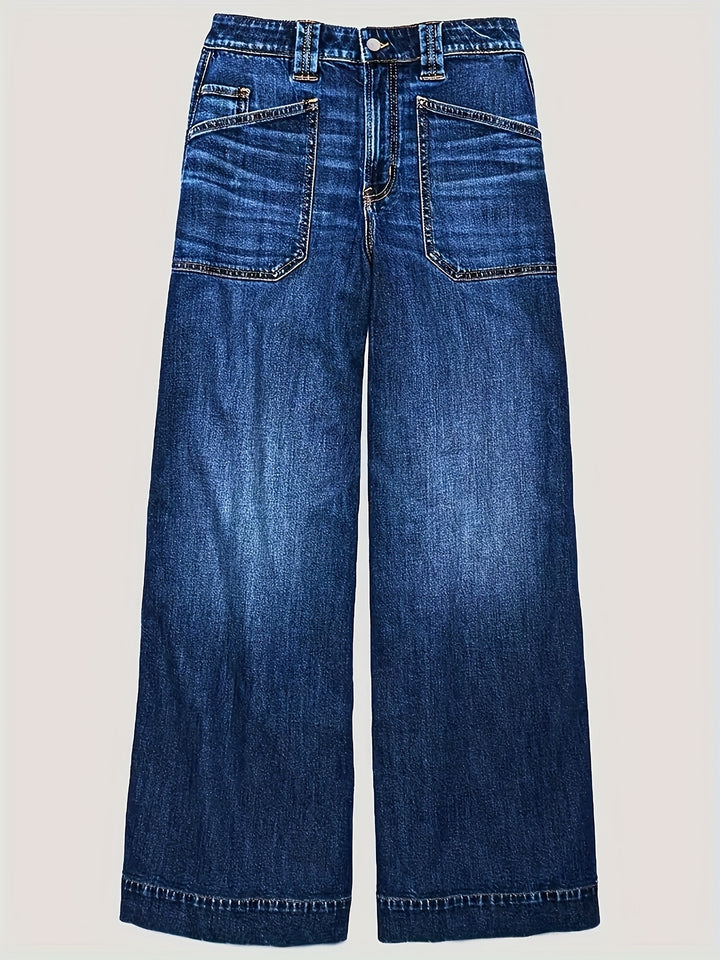 Georgia | Women's Blue Denim Wide Leg Pockets Casual Relaxed Jeans