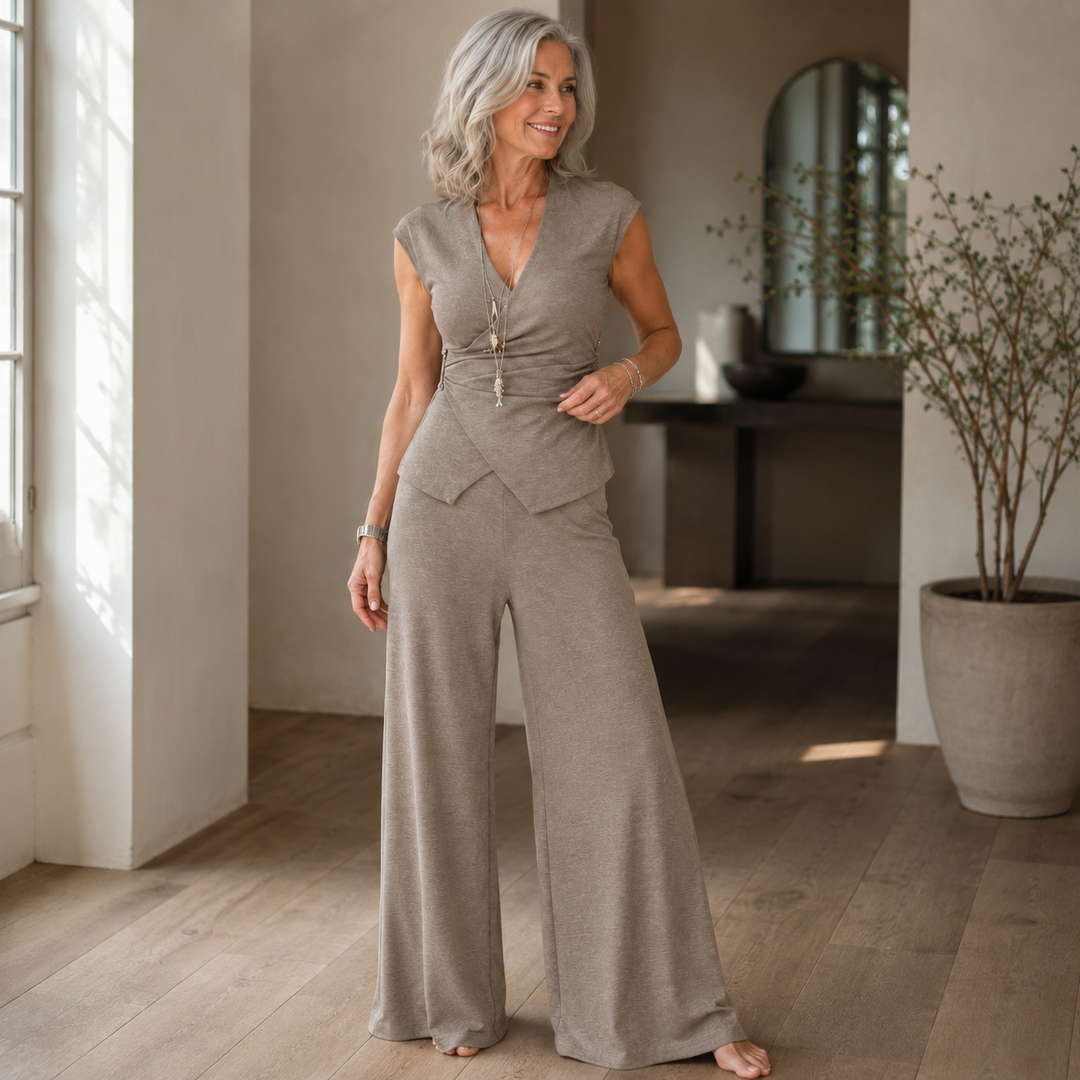 True | Women's Linen Wide Leg Wrap Front Casual Two Piece Ruched Set