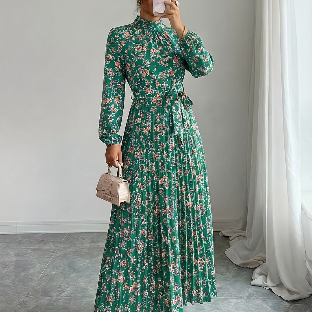 Freya | Women's Floral High Neck Long Sleeve Belted Wedding Guest Dress