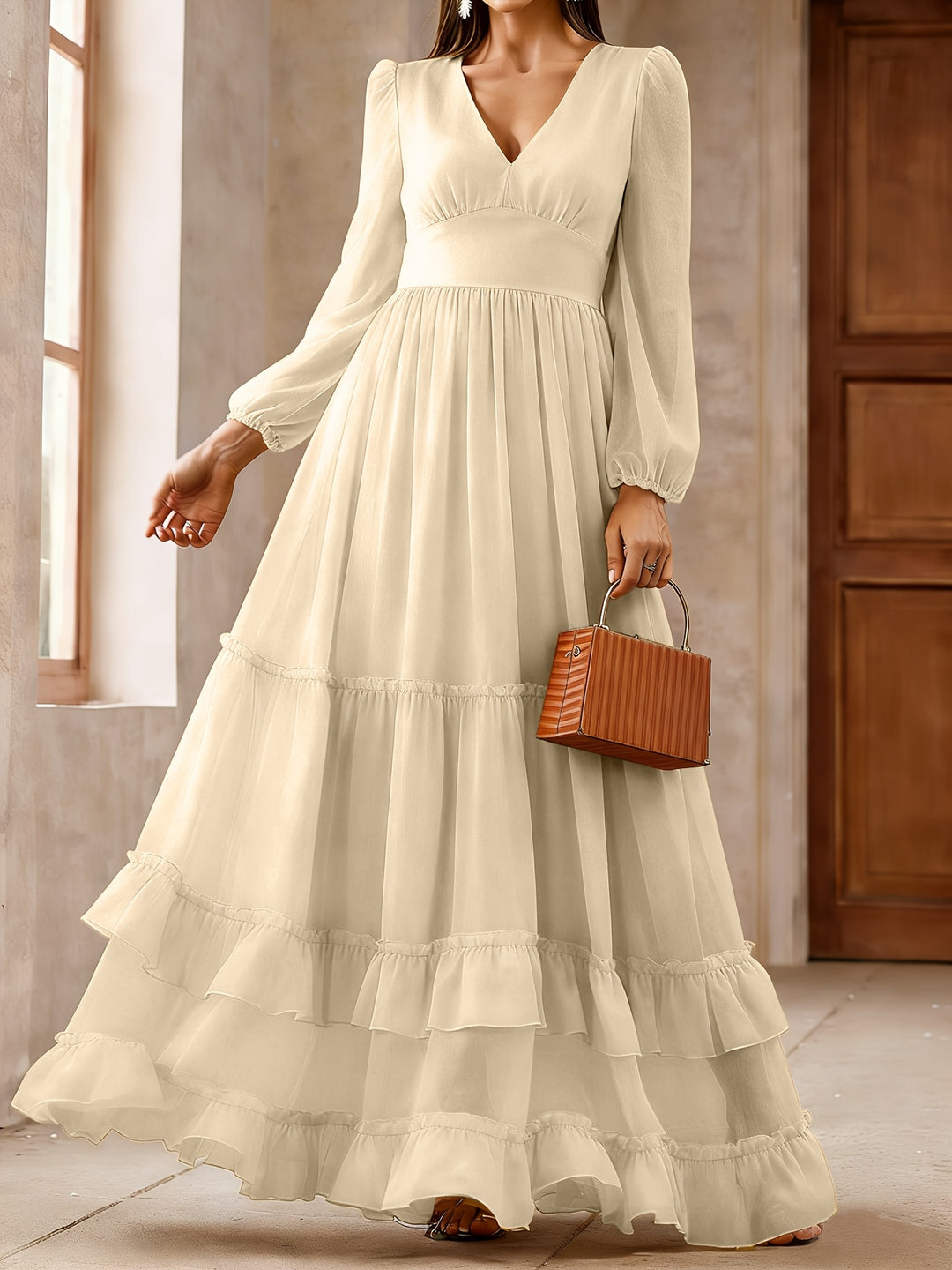 Logan | Women's Chiffon V Neck Long Sleeve Tiered Wedding Guest Dress