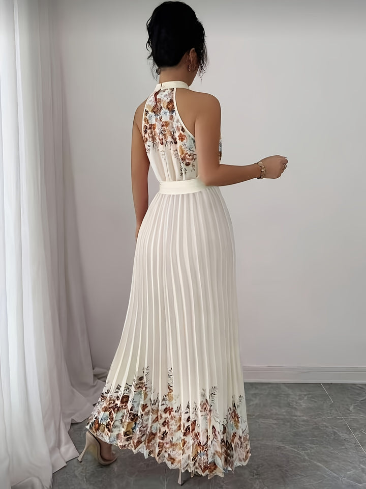Women's Black Floral Halter Neck Pleated Belted Maxi Wedding Guest Dress
