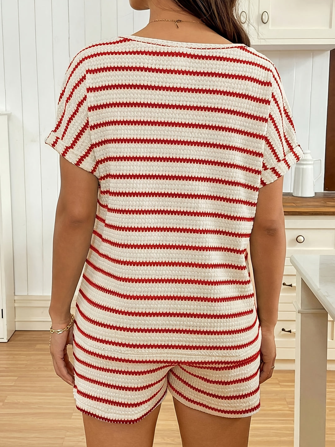 Effortless Black Stripe Knit Plus Size Pajamas for Women with Crew Neck Short Sleeve Two Piece Oversized Maternity Style