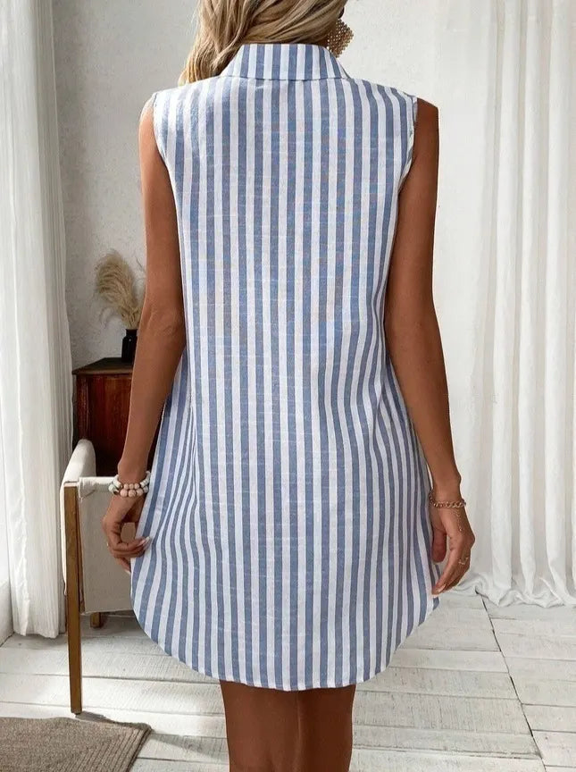 Collared Sleeveless Button Front Striped Casual Shirt Dress Mini Sundress