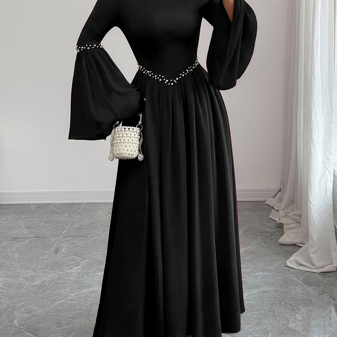 Beaded Round Neck Bell Sleeve A Line Maxi Wedding Guest Dress