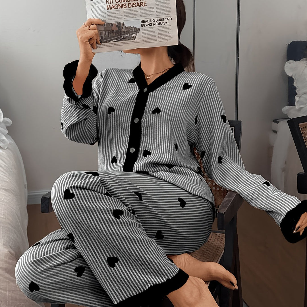 Effortless Heart Pajamas for Women with V Neck Long Sleeve Contrast Cuff Casual Style