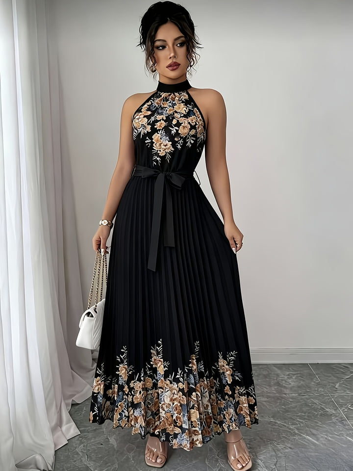 Women's Black Floral Halter Neck Pleated Belted Maxi Wedding Guest Dress