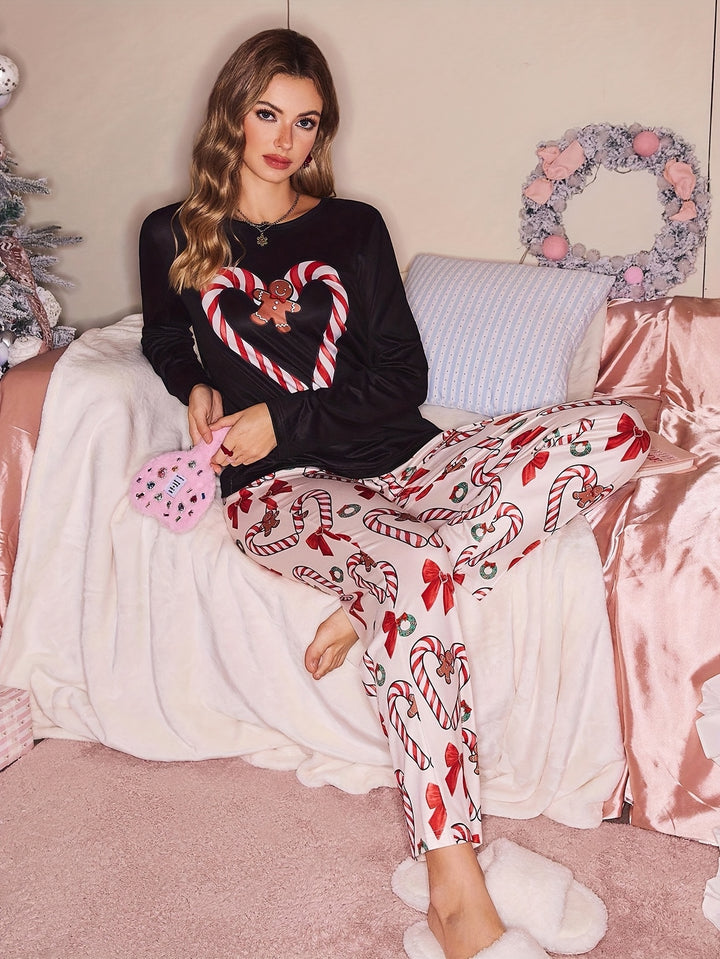 Christmas Pajamas Candy Cane Heart Print Long Sleeve Set