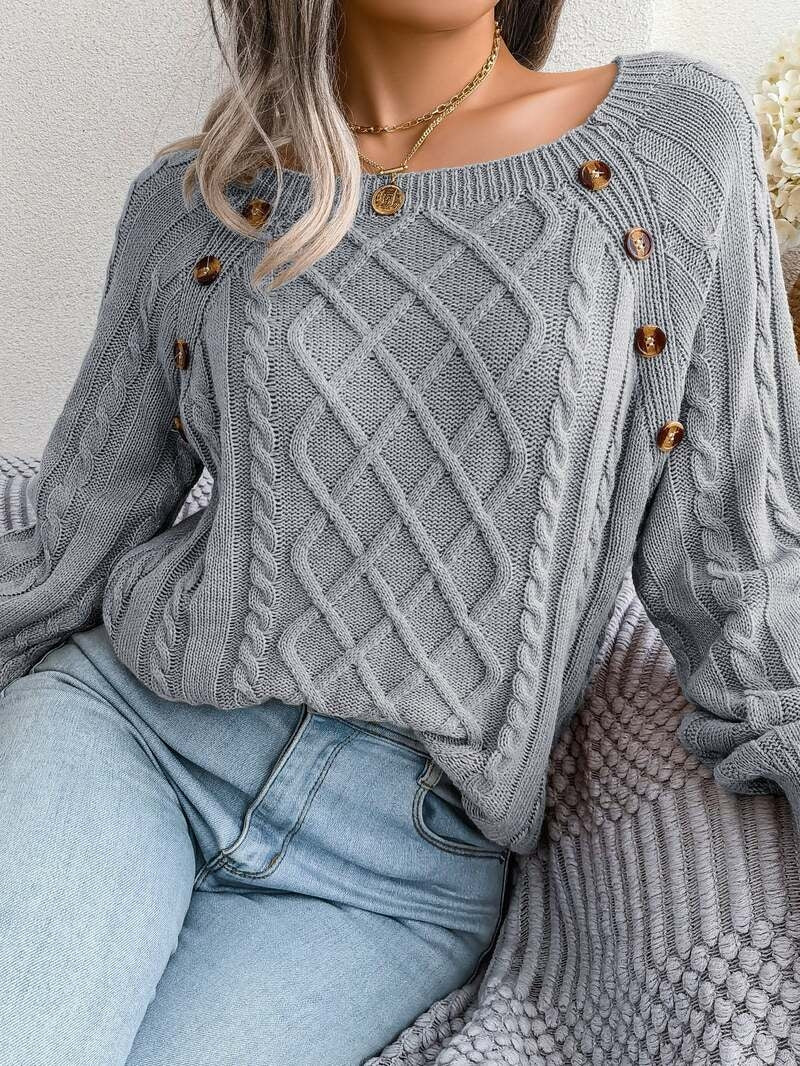 Everleigh | Women's Cable Knit Wide Neck Button Detail Sweater