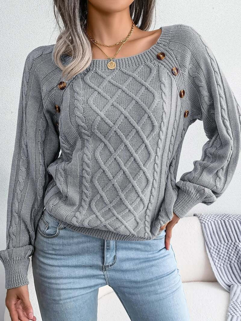 Everleigh | Women's Cable Knit Wide Neck Button Detail Sweater