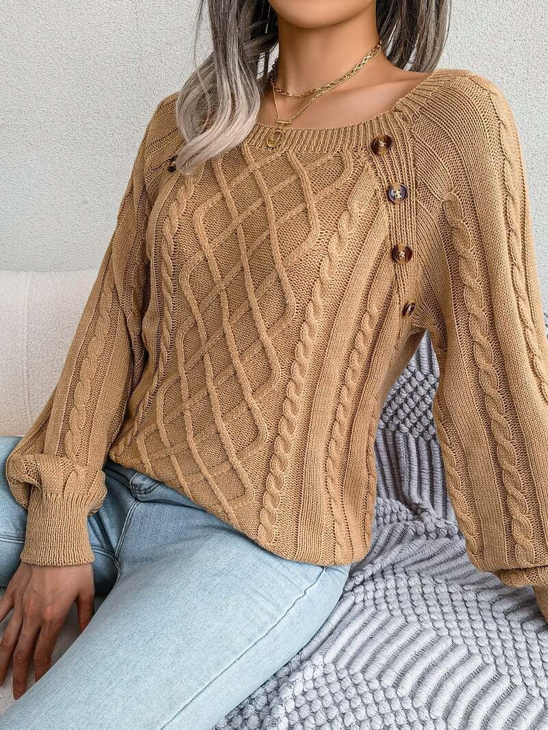 Everleigh | Women's Cable Knit Wide Neck Button Detail Sweater