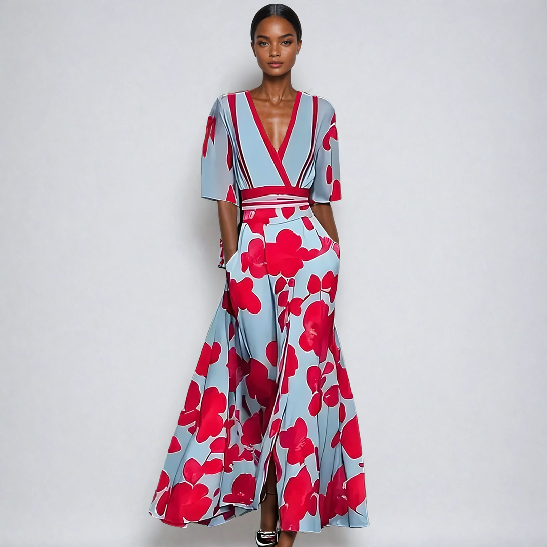 Echo | Women's Floral V Neck Short Sleeve Wrap Front Casual Maxi Pockets Dress