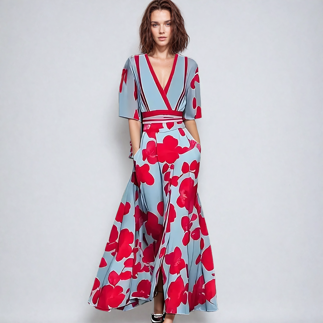 Echo | Women's Floral V Neck Short Sleeve Wrap Front Casual Maxi Pockets Dress