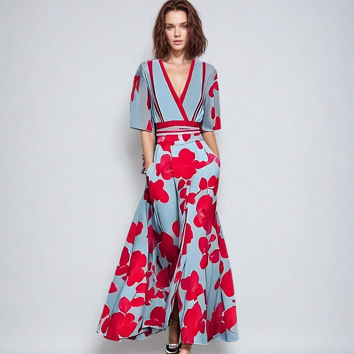 Echo | Women's Floral V Neck Short Sleeve Wrap Front Casual Maxi Pockets Dress