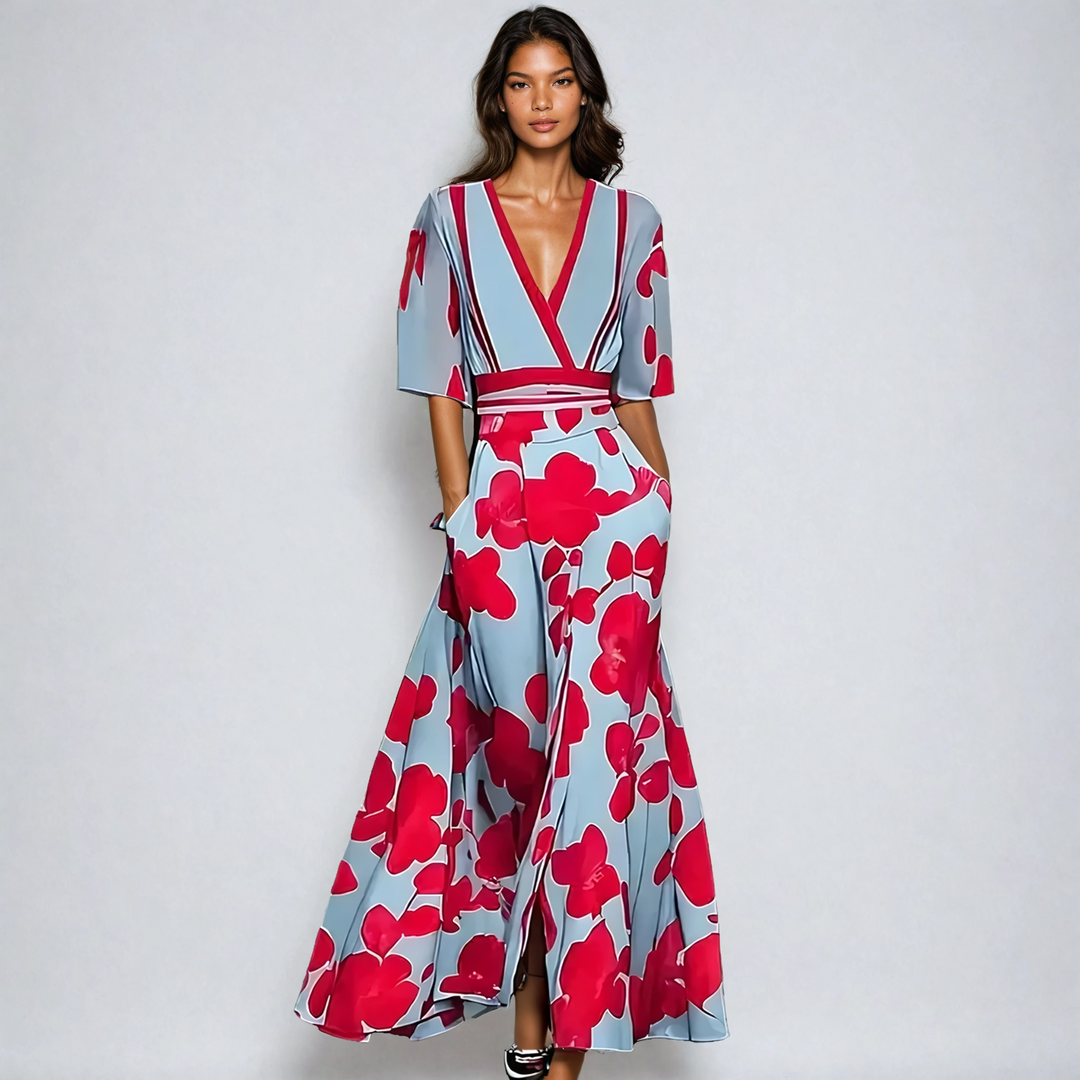 Echo | Women's Floral V Neck Short Sleeve Wrap Front Casual Maxi Pockets Dress