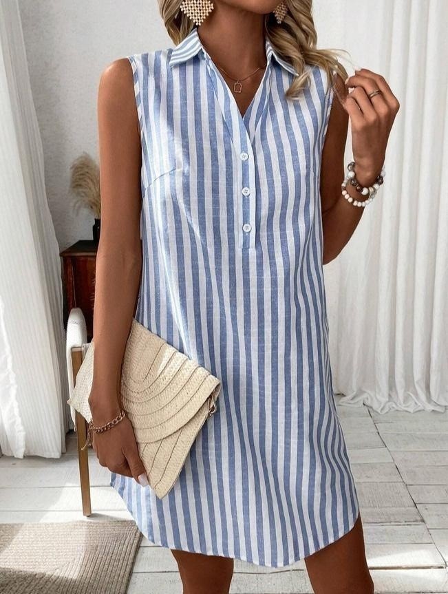 Collared Sleeveless Button Front Striped Casual Shirt Dress Mini Sundress