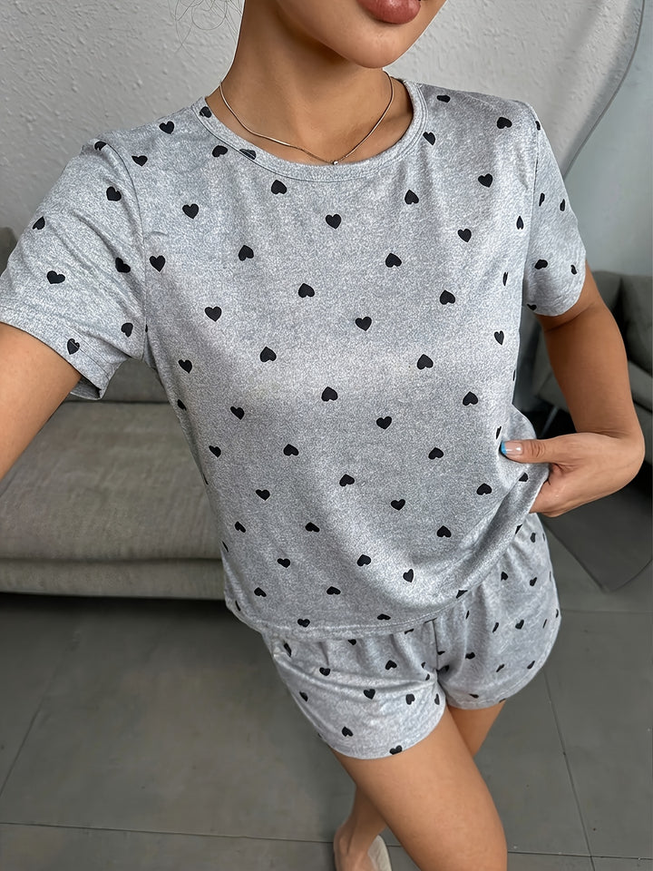 Effortless Purple Heart Knit Pajamas for Women with Crew Neck Short Sleeve Shorts Set Casual Style
