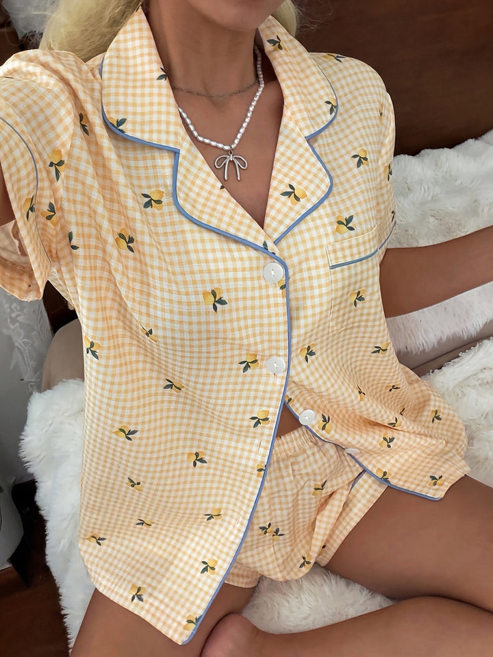 Jillian | Women's Yellow Plaid Button Front Casual Pajama Set