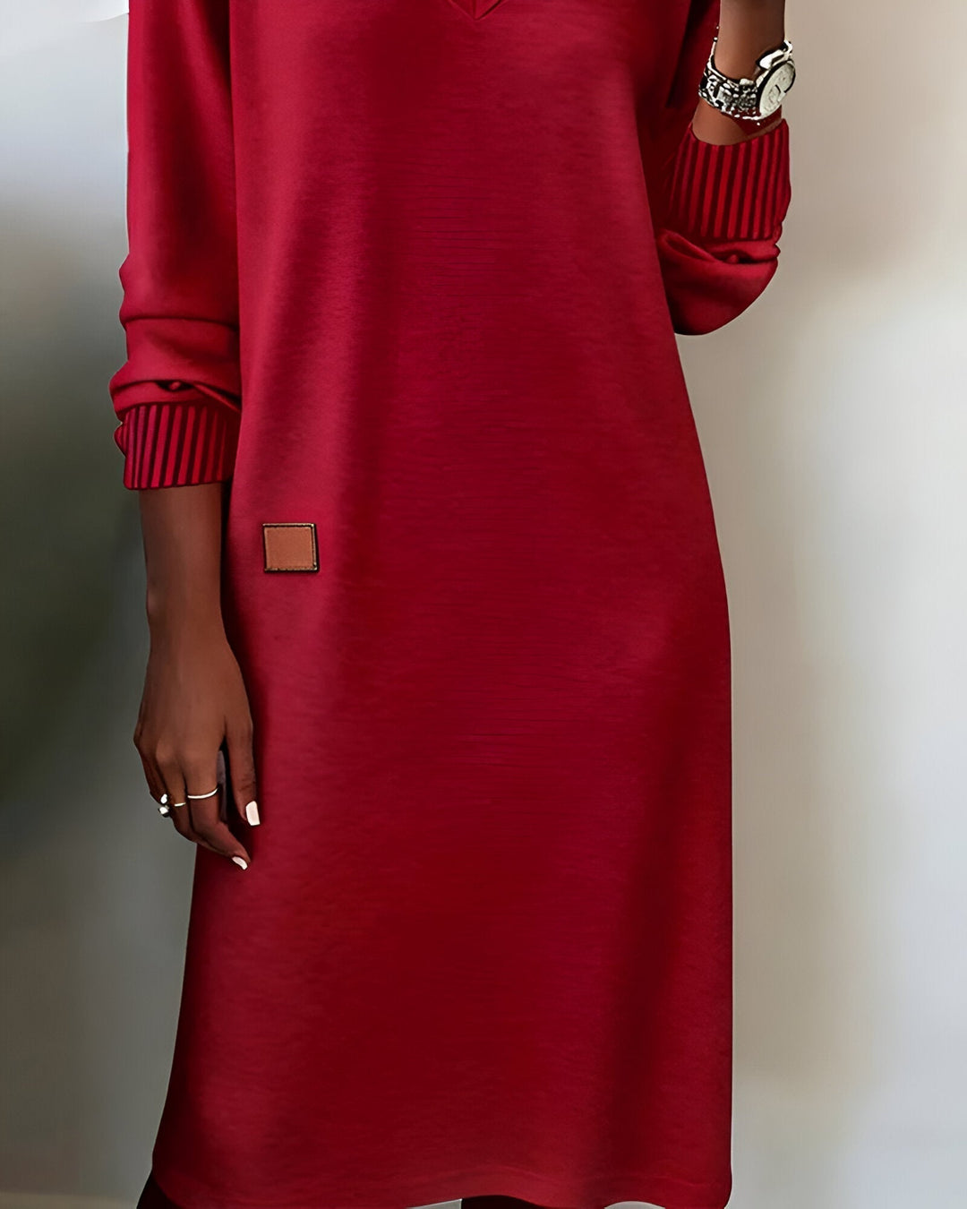 Red Dress V Neck Knit Long Sleeve