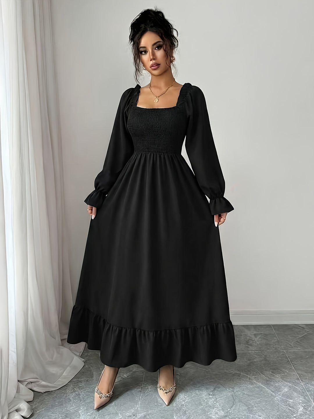 Serena | Women's Flare Square Neck Long Sleeve Evening Gown
