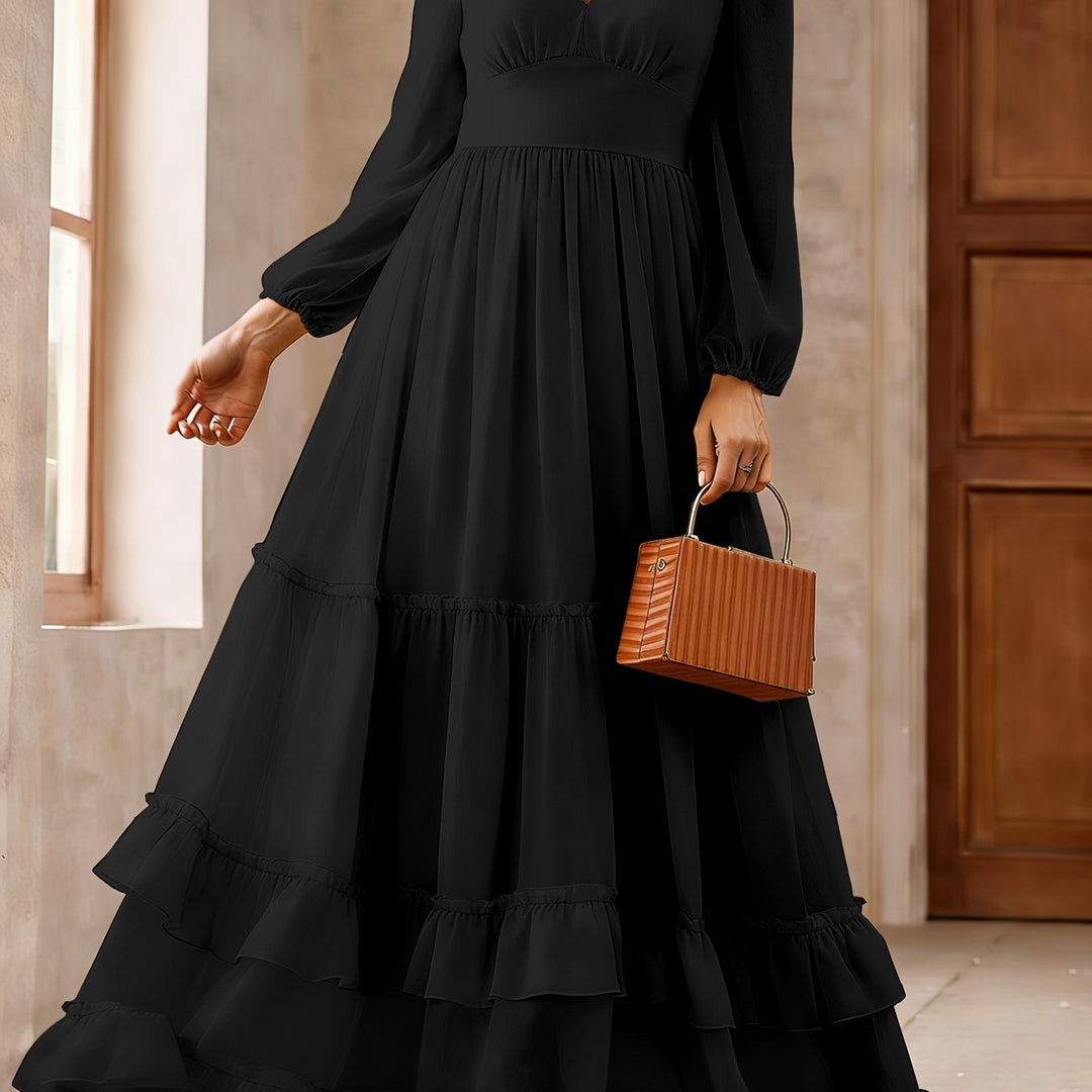 Logan | Women's Chiffon V Neck Long Sleeve Tiered Wedding Guest Dress