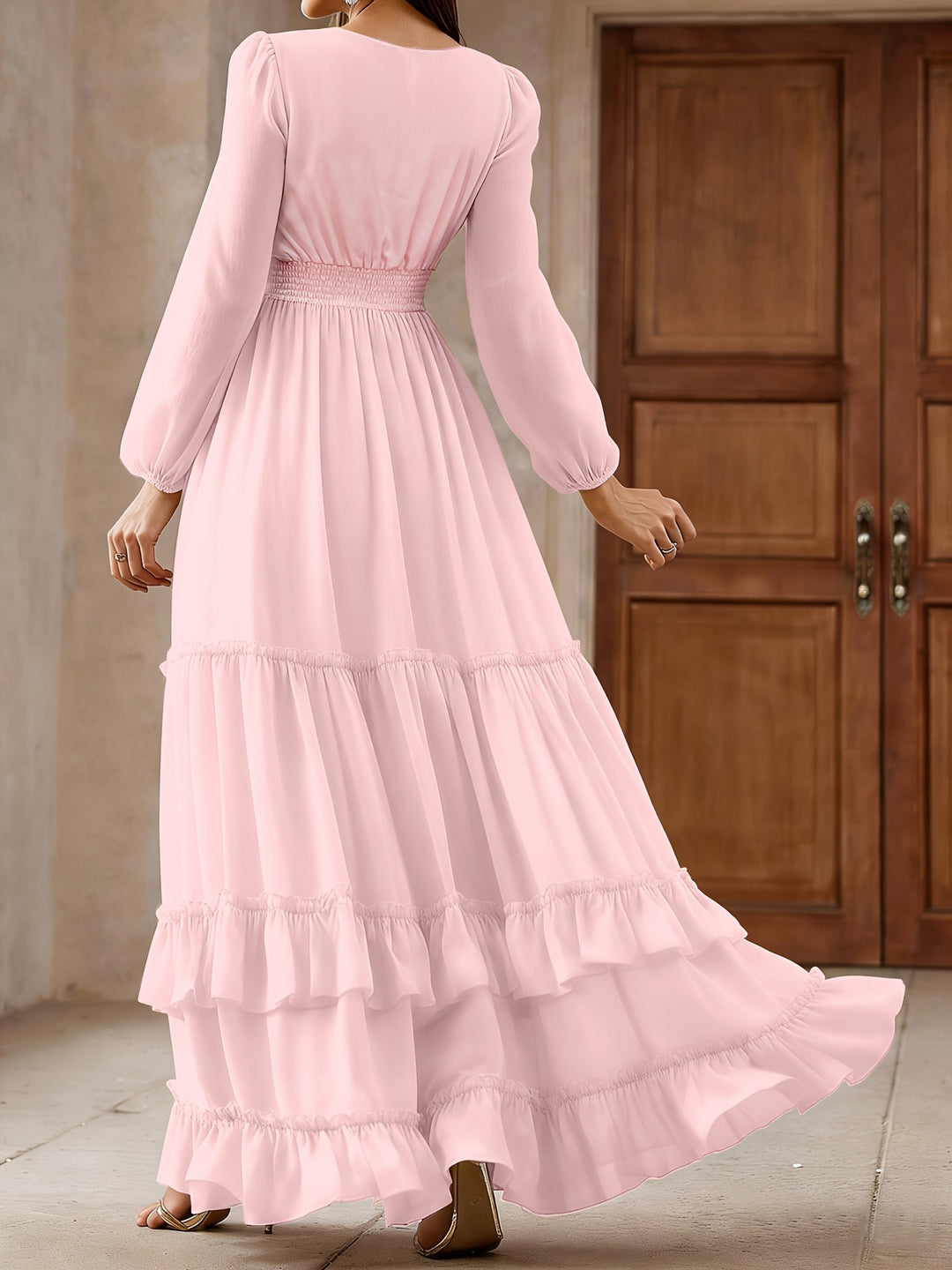 Logan | Women's Chiffon V Neck Long Sleeve Tiered Wedding Guest Dress