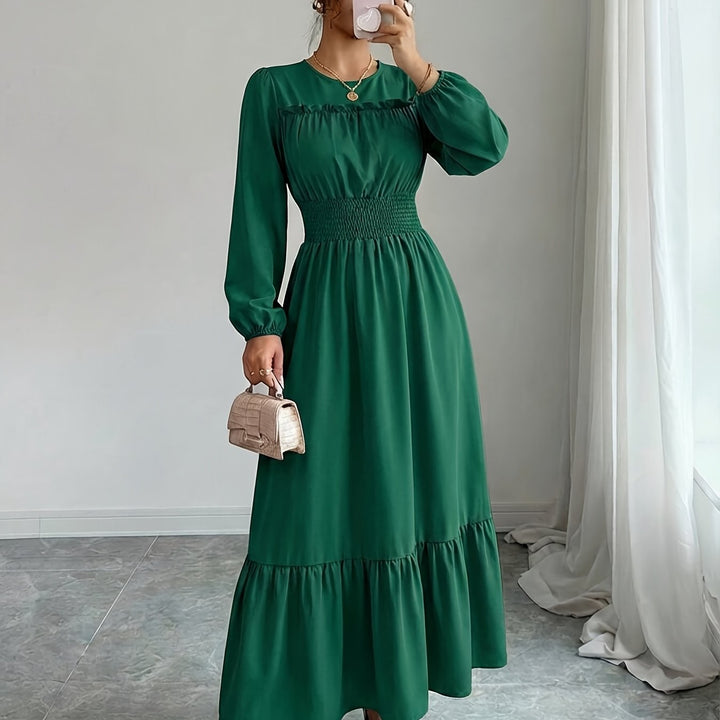 Elegant Red Lace Mother of the Bride Dress for Women with Crew Neck Long Sleeve Smocked Tiered Formal Style