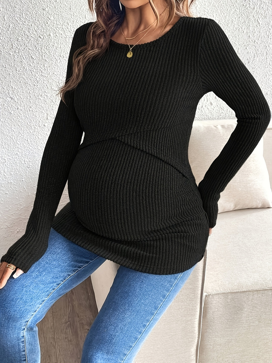 Elegant Beige Knit Maternity Top for Women with Scoop Neck Long Sleeve Plus Size Style