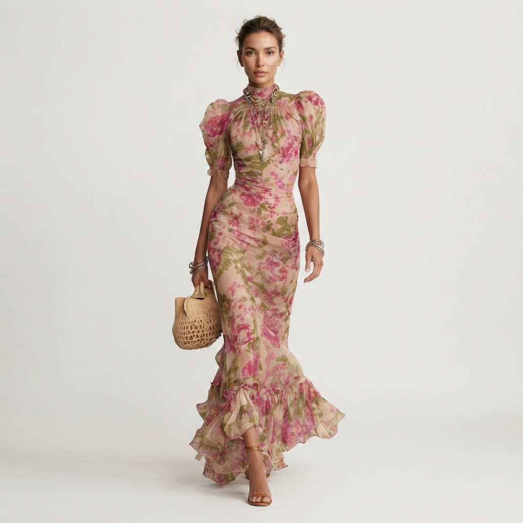 Maxi Dress Floral Puff Sleeve Ruffle Hem