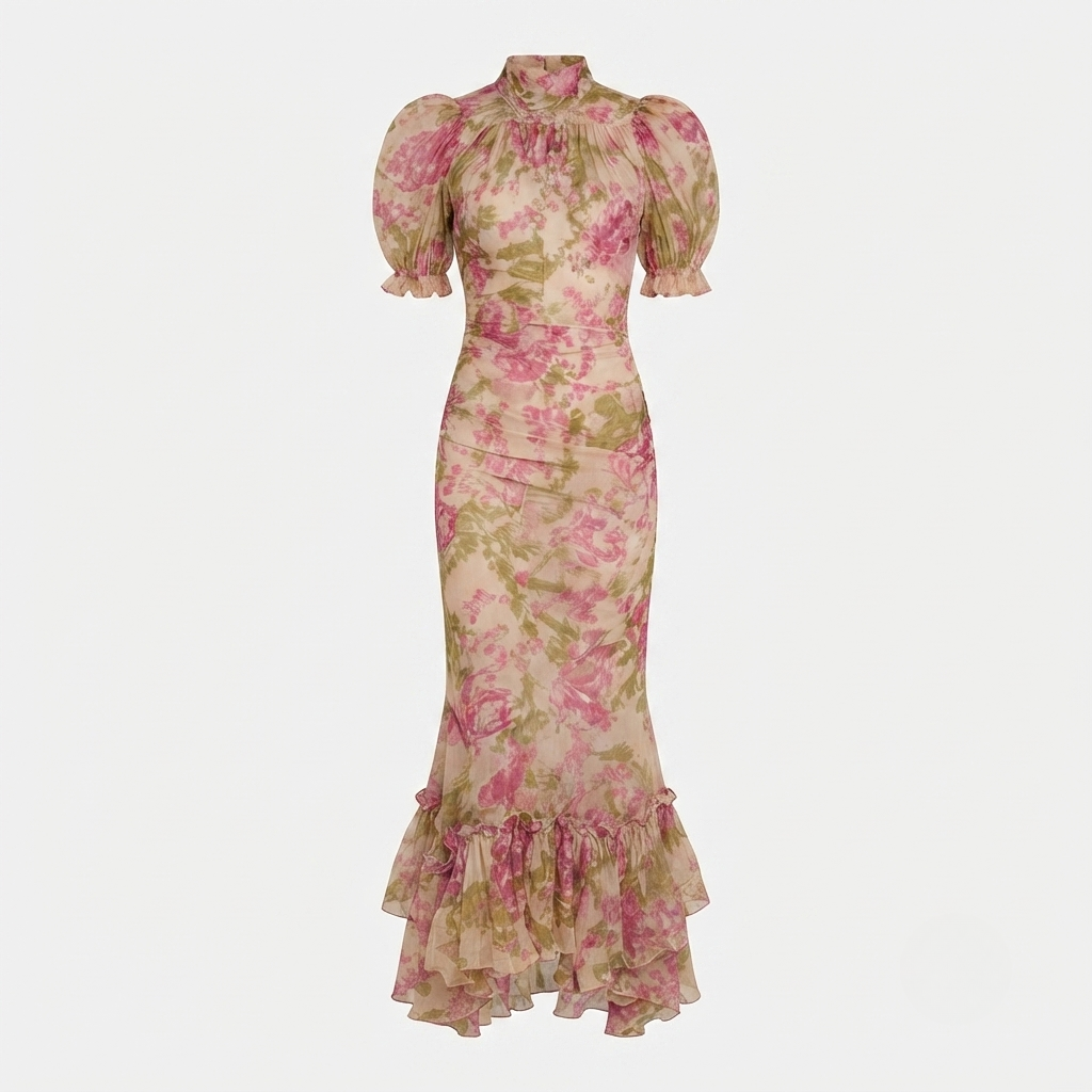 Maxi Dress Floral Puff Sleeve Ruffle Hem