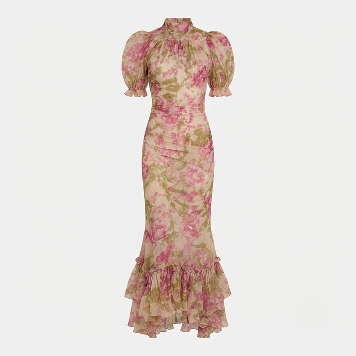 Maxi Dress Floral Puff Sleeve Ruffle Hem