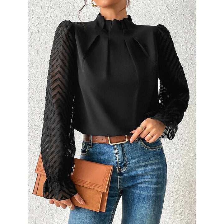 Mock Neck Long Sleeve Pleated Sheer Lace Ruffle Going Out Blouse Top