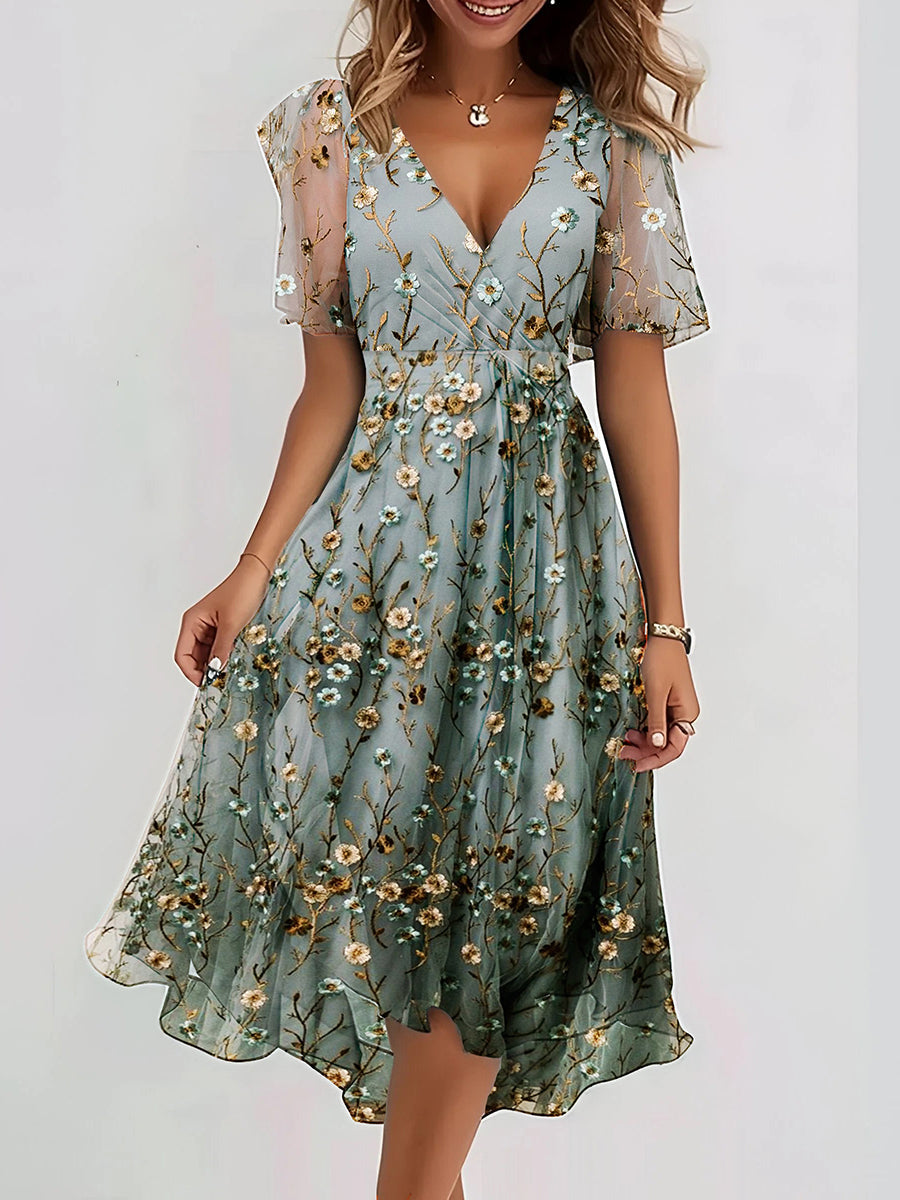 Ivana | Women's Green Floral Embroidered Cocktail Dress