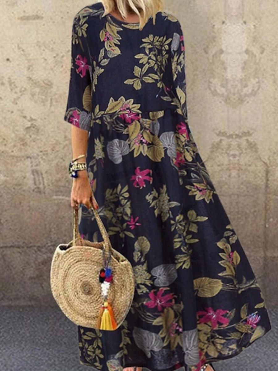 Aspen | Women's Navy Floral Half Sleeve Maxi Dress