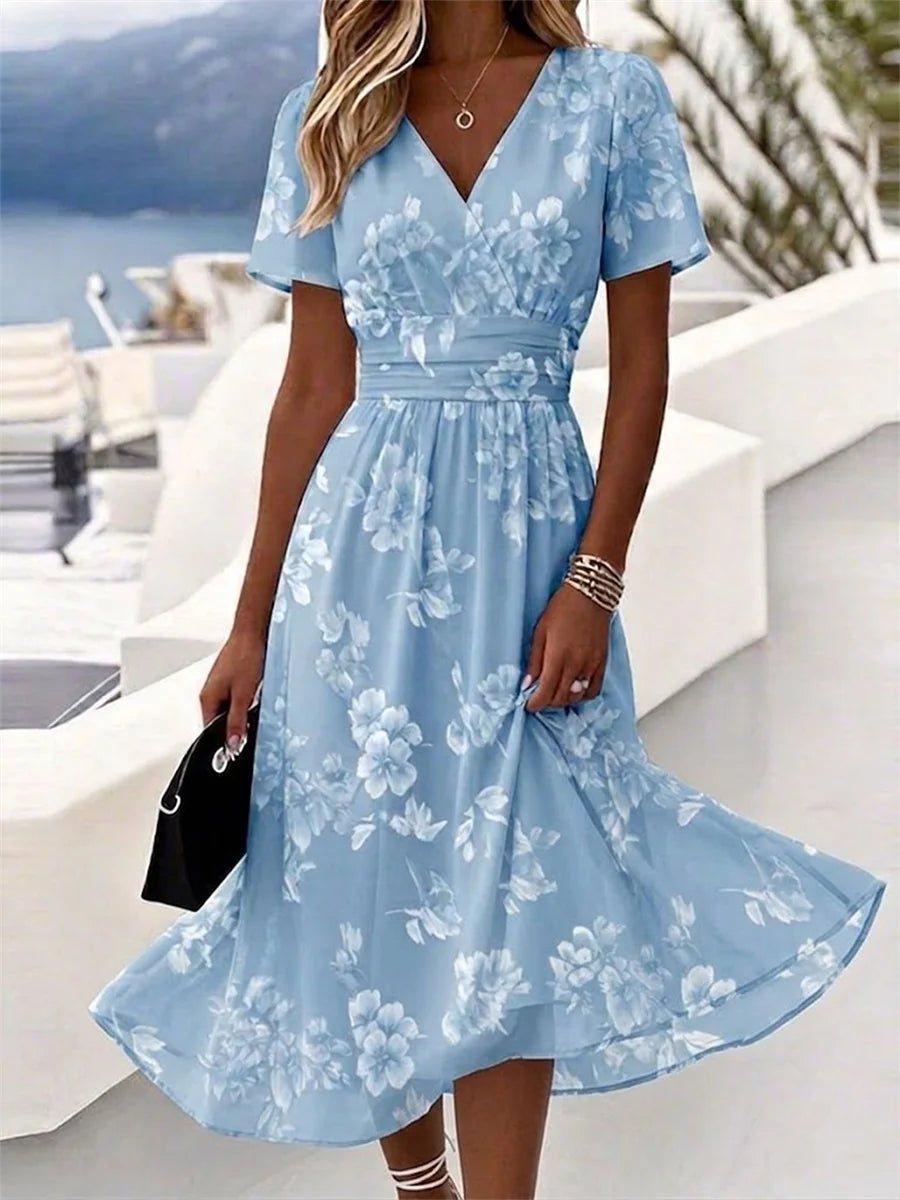 Carmen | Women's Light Blue V Neck A-Line Floral Dress