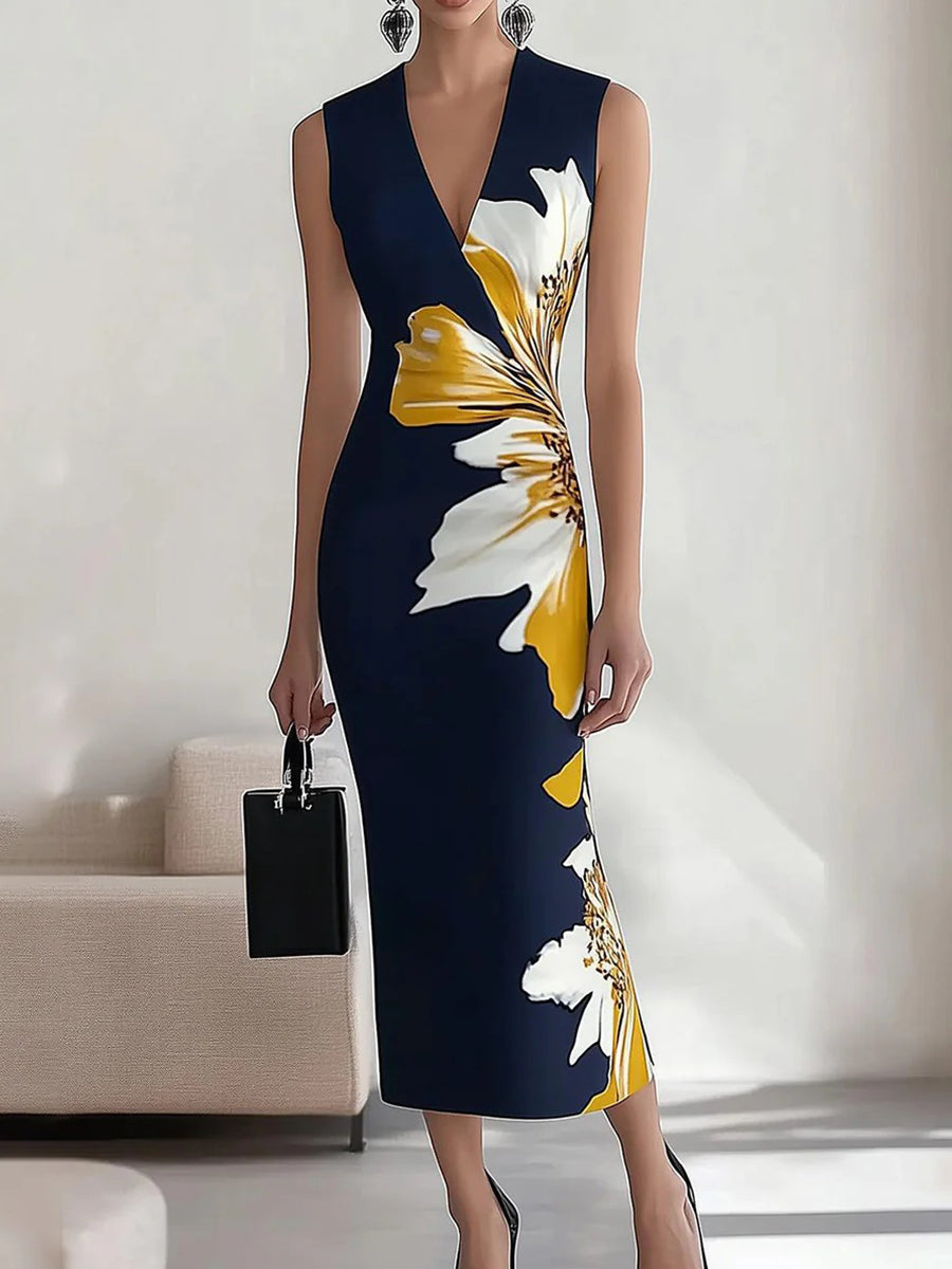Beatrix | Women's Multicolor Floral V Neck Sleeveless Cocktail Midi Dress