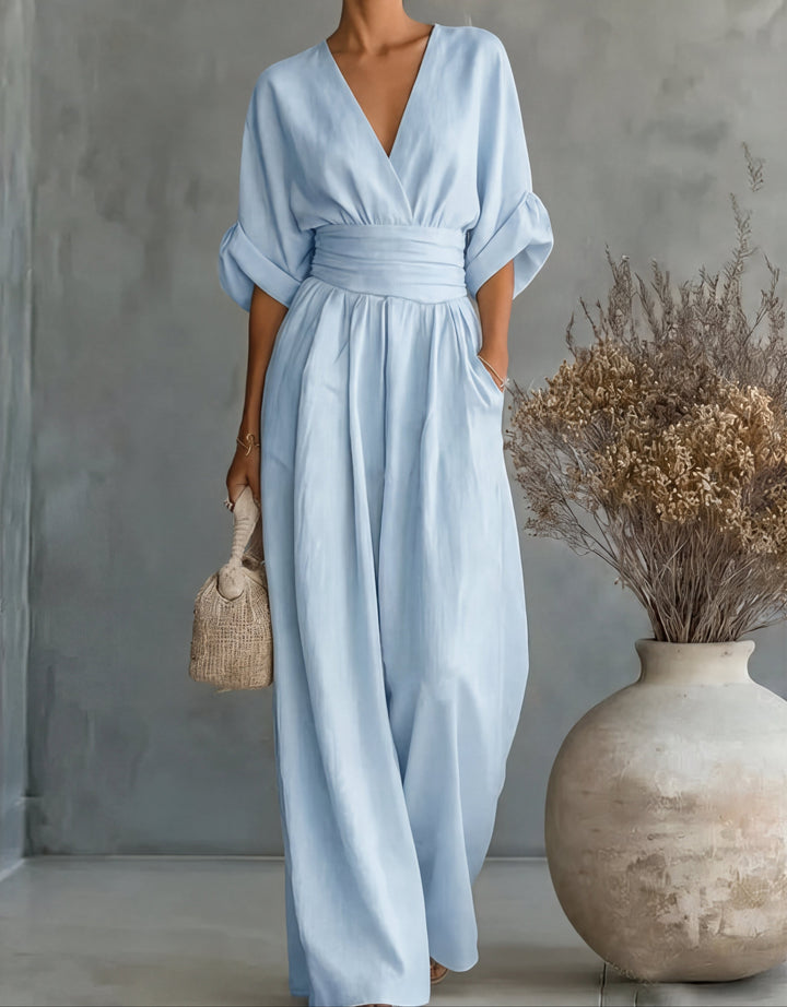 V Neck Batwing Sleeve Belted Tie Waist Wide Leg Palazzo Jumpsuit