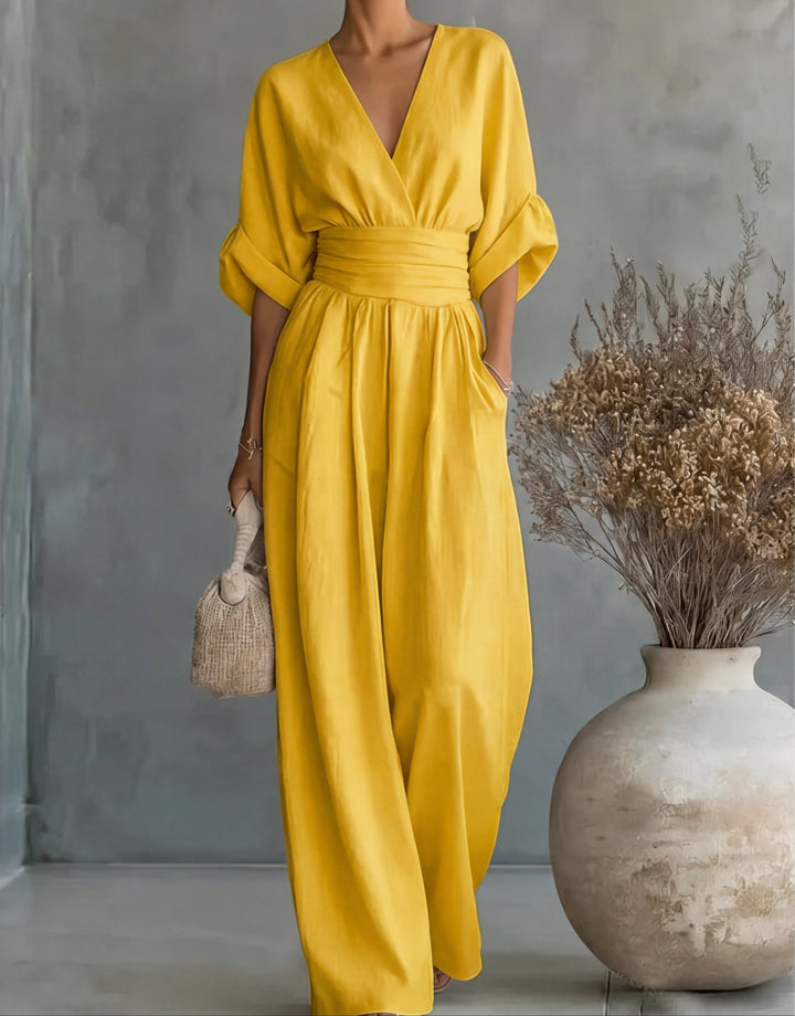 V Neck Batwing Sleeve Belted Tie Waist Wide Leg Palazzo Jumpsuit