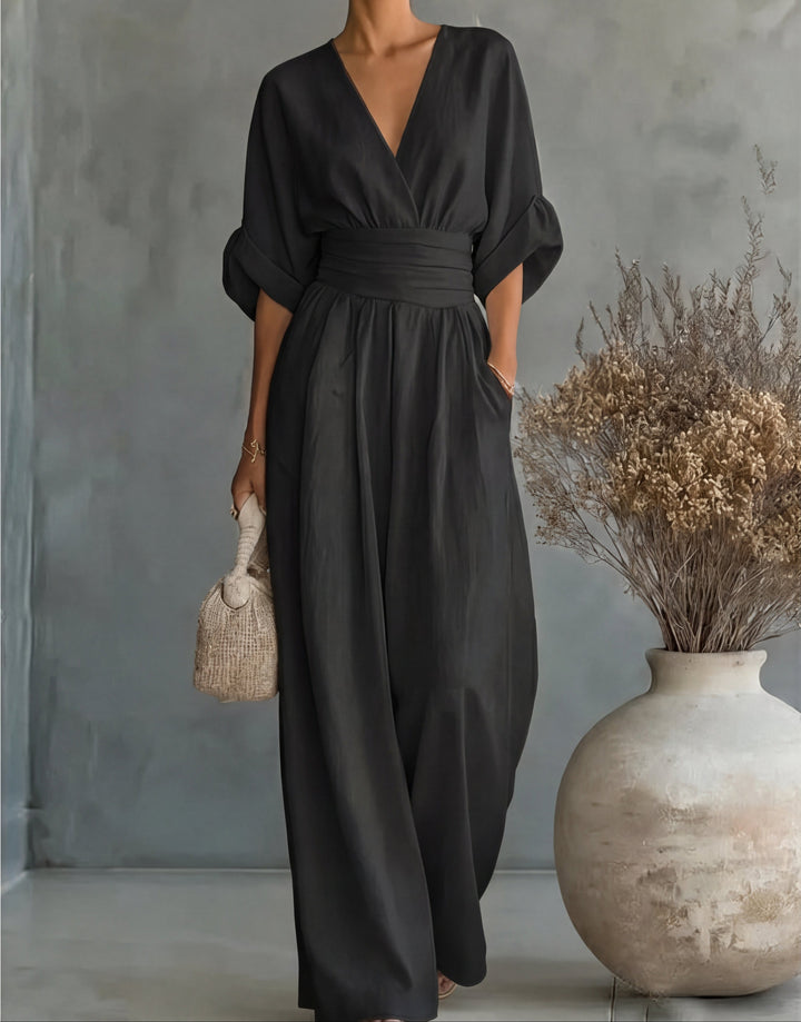 V Neck Batwing Sleeve Belted Tie Waist Wide Leg Palazzo Jumpsuit