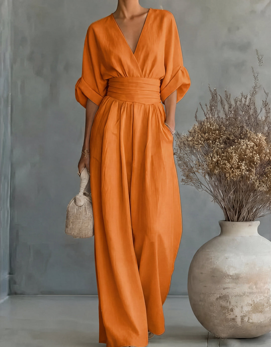 V Neck Batwing Sleeve Belted Tie Waist Wide Leg Palazzo Jumpsuit