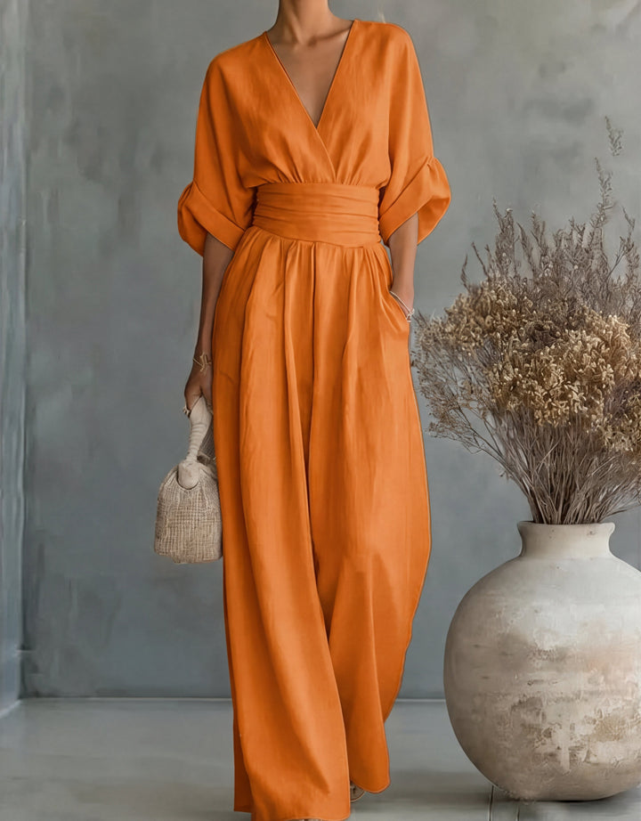 V Neck Batwing Sleeve Belted Tie Waist Wide Leg Palazzo Jumpsuit