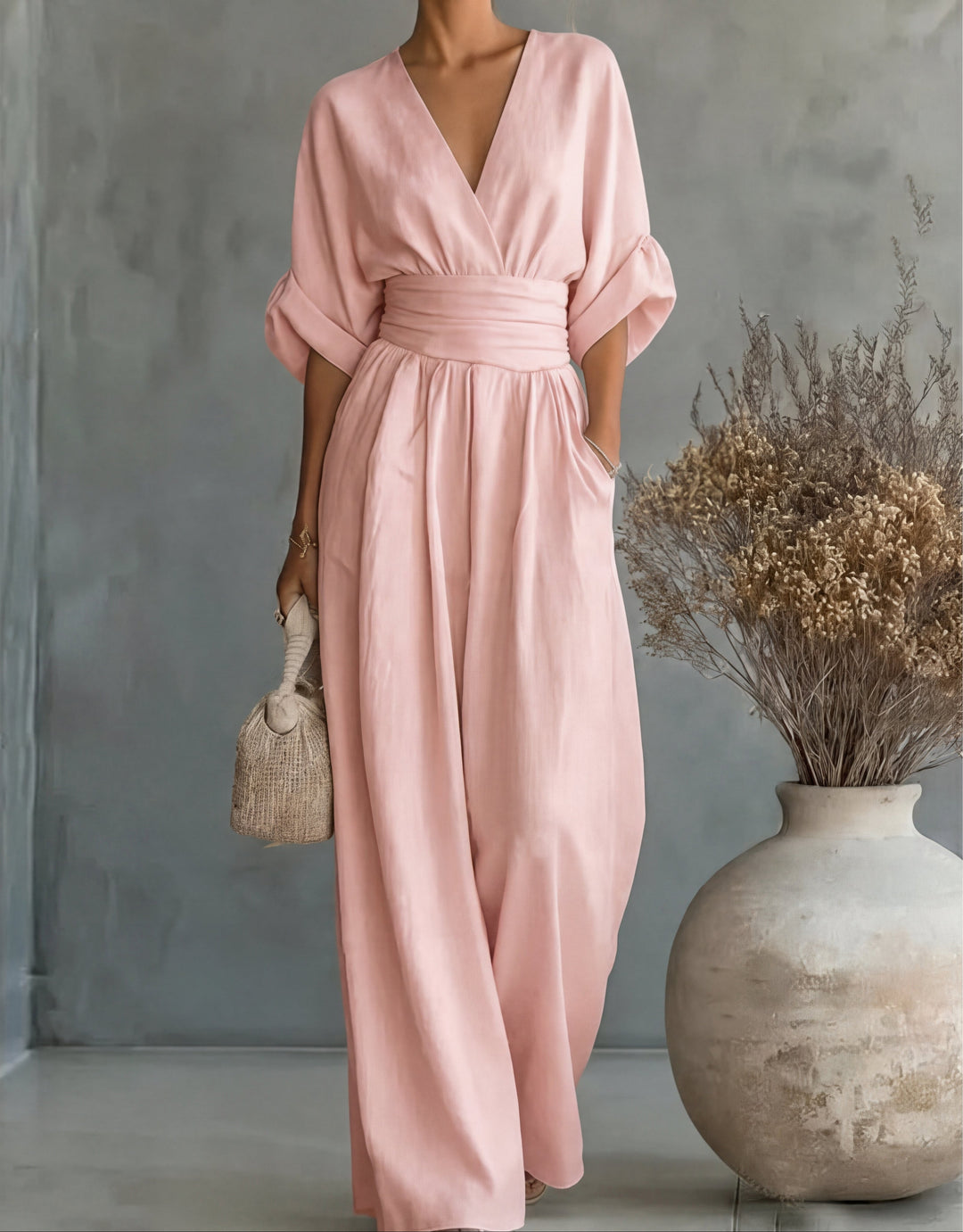 V Neck Batwing Sleeve Belted Tie Waist Wide Leg Palazzo Jumpsuit