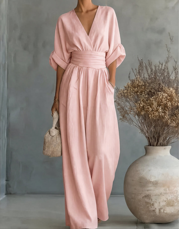 V Neck Batwing Sleeve Belted Tie Waist Wide Leg Palazzo Jumpsuit