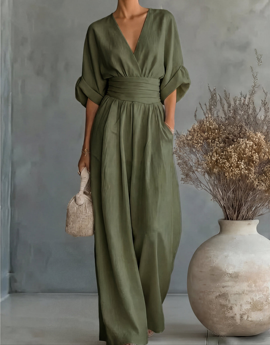 V Neck Batwing Sleeve Belted Tie Waist Wide Leg Palazzo Jumpsuit