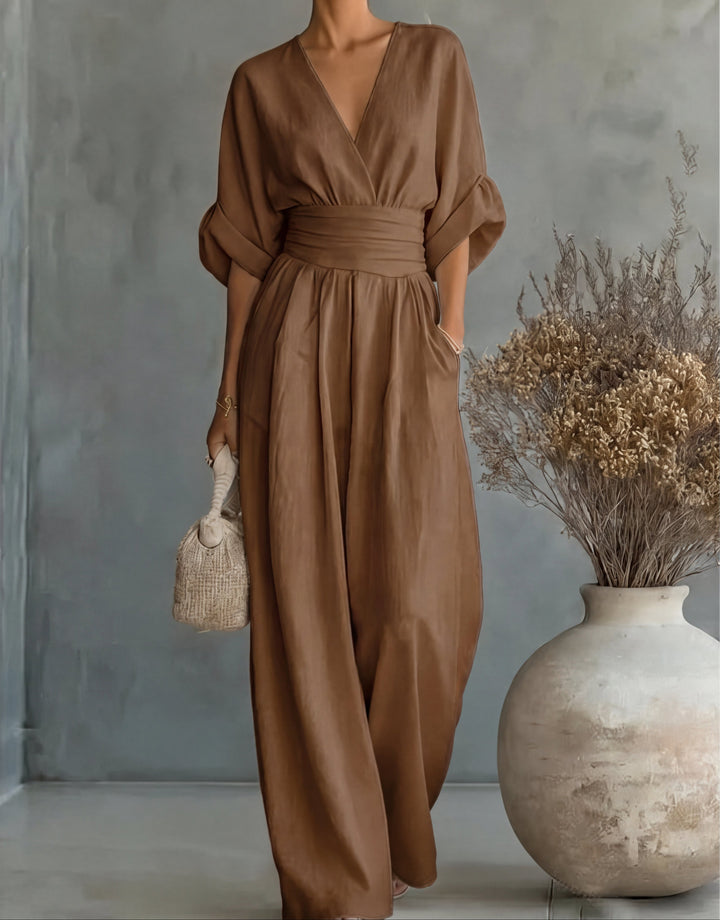 V Neck Batwing Sleeve Belted Tie Waist Wide Leg Palazzo Jumpsuit