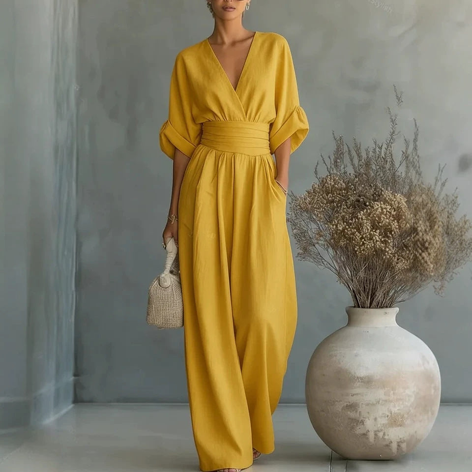 Tallulah | Women Wide Leg V Neck Linen Jumpsuit
