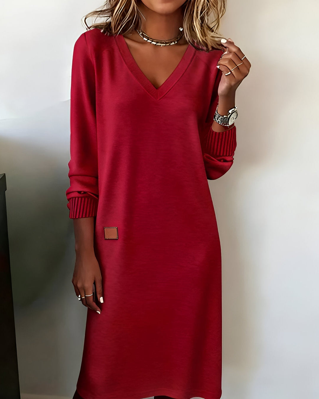 Red Dress V Neck Knit Long Sleeve