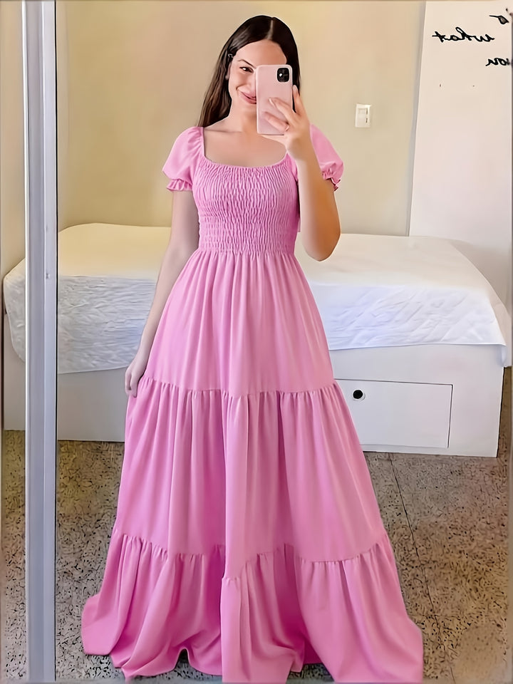 Pilar | Women's Square Neck Short Sleeve Tiered Casual Maxi Smocked Dress