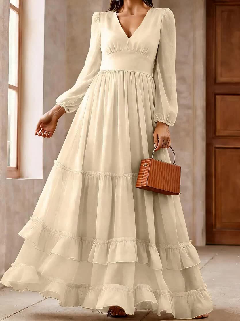 Logan | Women's Chiffon V Neck Long Sleeve Tiered Wedding Guest Dress