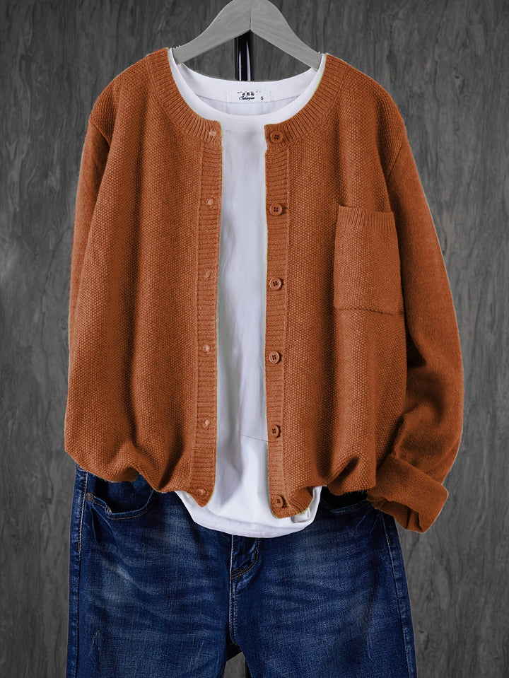 Stylish Cardigan Sweater for Women with Crew Neck Pockets Plus Size Casual Style