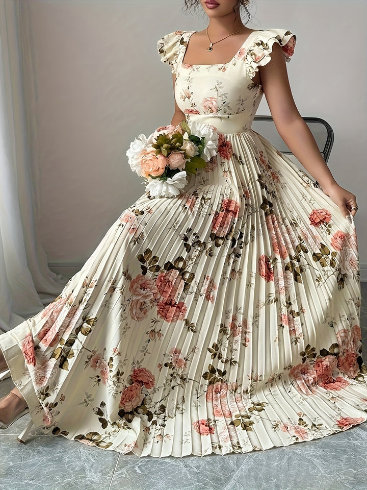 Ivory Floral Square Neck Ruffle Sleeve Pleated A Line Maxi Wedding Guest Dress